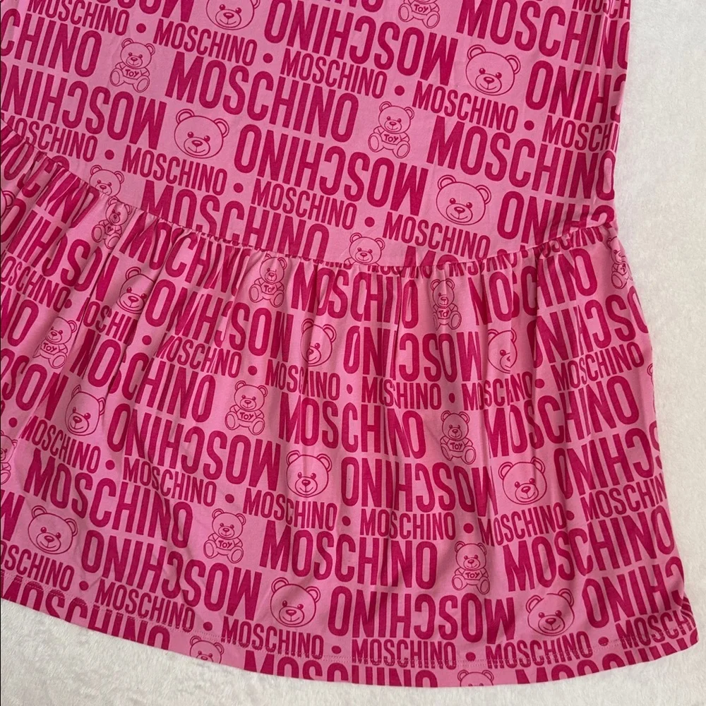 Moschino Teen | 2020 Teddy Bear Allover Logo Drop Waist High Low Dress Pink 14 - Picture 14 of 15